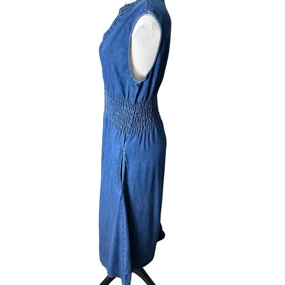 Indigo Poppy Denim Shirtdress Midi Elastic Waist Full Zip Sleeveless Women's M - Picture 3 of 8